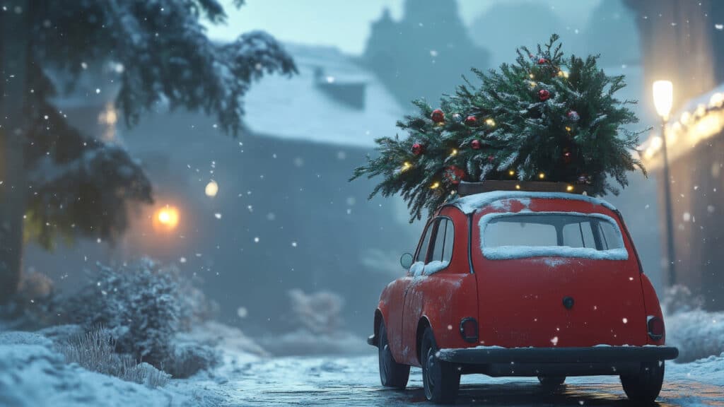 Roter Oldtimer mit einem Weihnachtsbaum auf dem Dach, umgeben von schneebedeckten Landschaften.