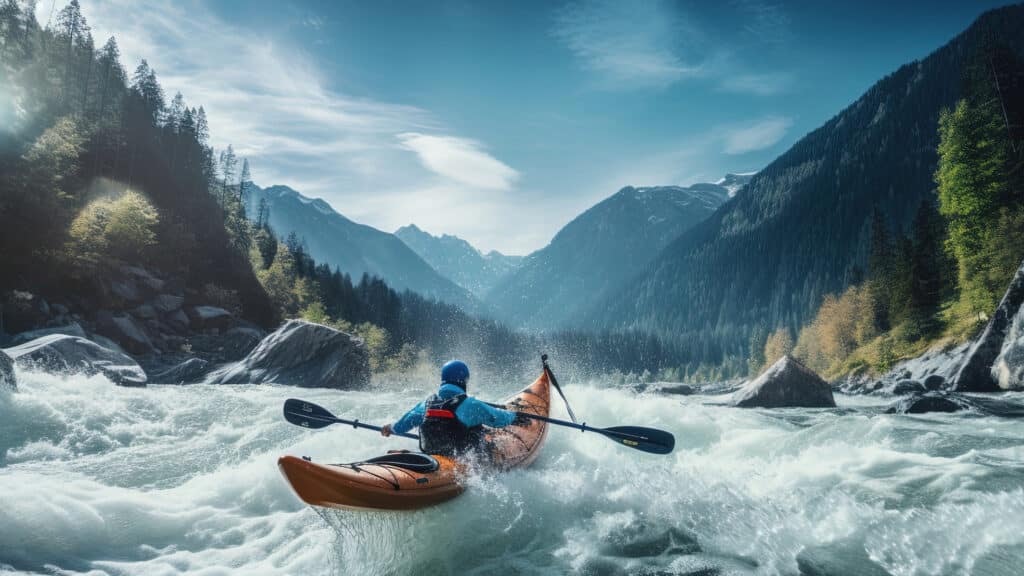 AHW Bannerbild: Kayakfahrer in blauem Outfit paddelt durch Wildwasser, oranges Kajak, umgeben von alpiner Berglandschaft und heller Wolkenfront.