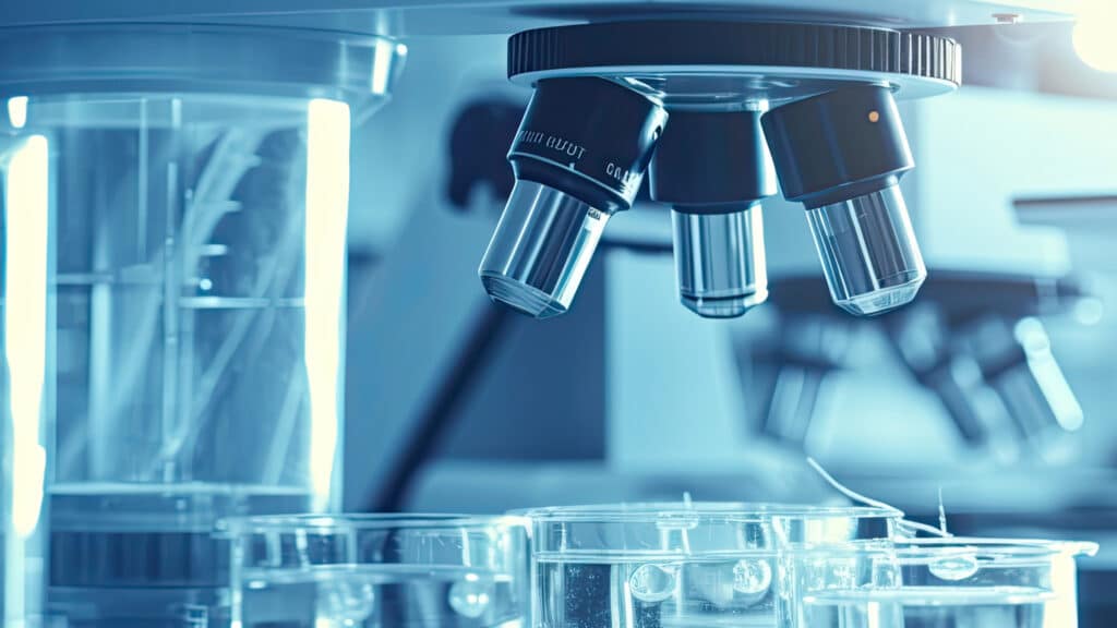 AHW-Mikroskop im Labor, bläuliches Licht, drei Objektive und Glasbehälter im Vordergrund, Laborumgebung