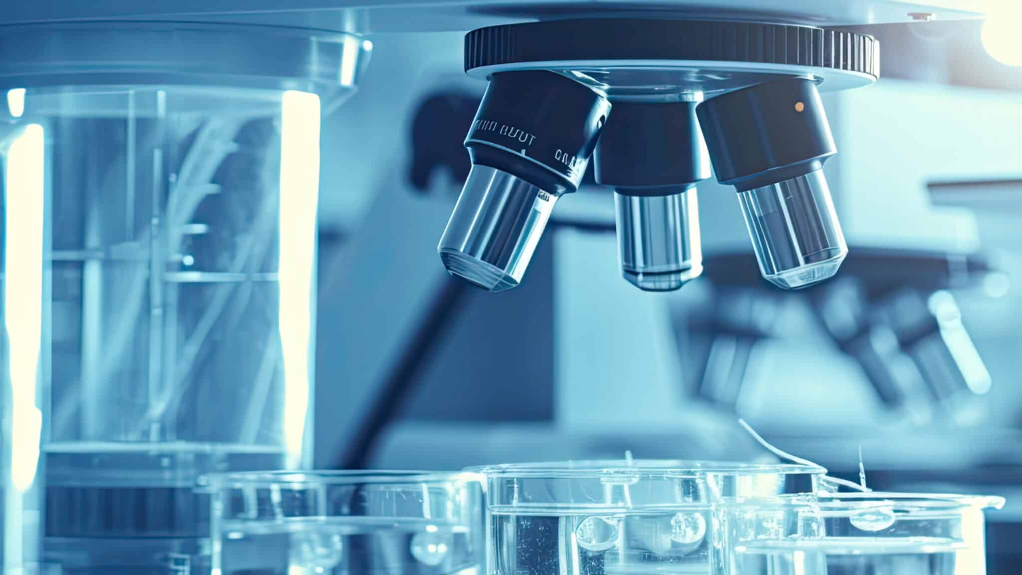 AHW-Mikroskop im Labor, bläuliches Licht, drei Objektive und Glasbehälter im Vordergrund, Laborumgebung