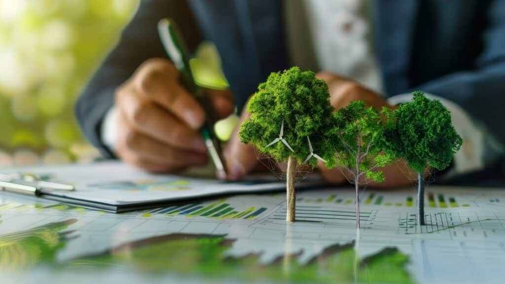 Eine Hand zeichnet über Förderkennzahlen, während Miniaturbäume mit Windrädern auf Diagrammen nachhaltige Energie und ESG-Strategien andeuten.