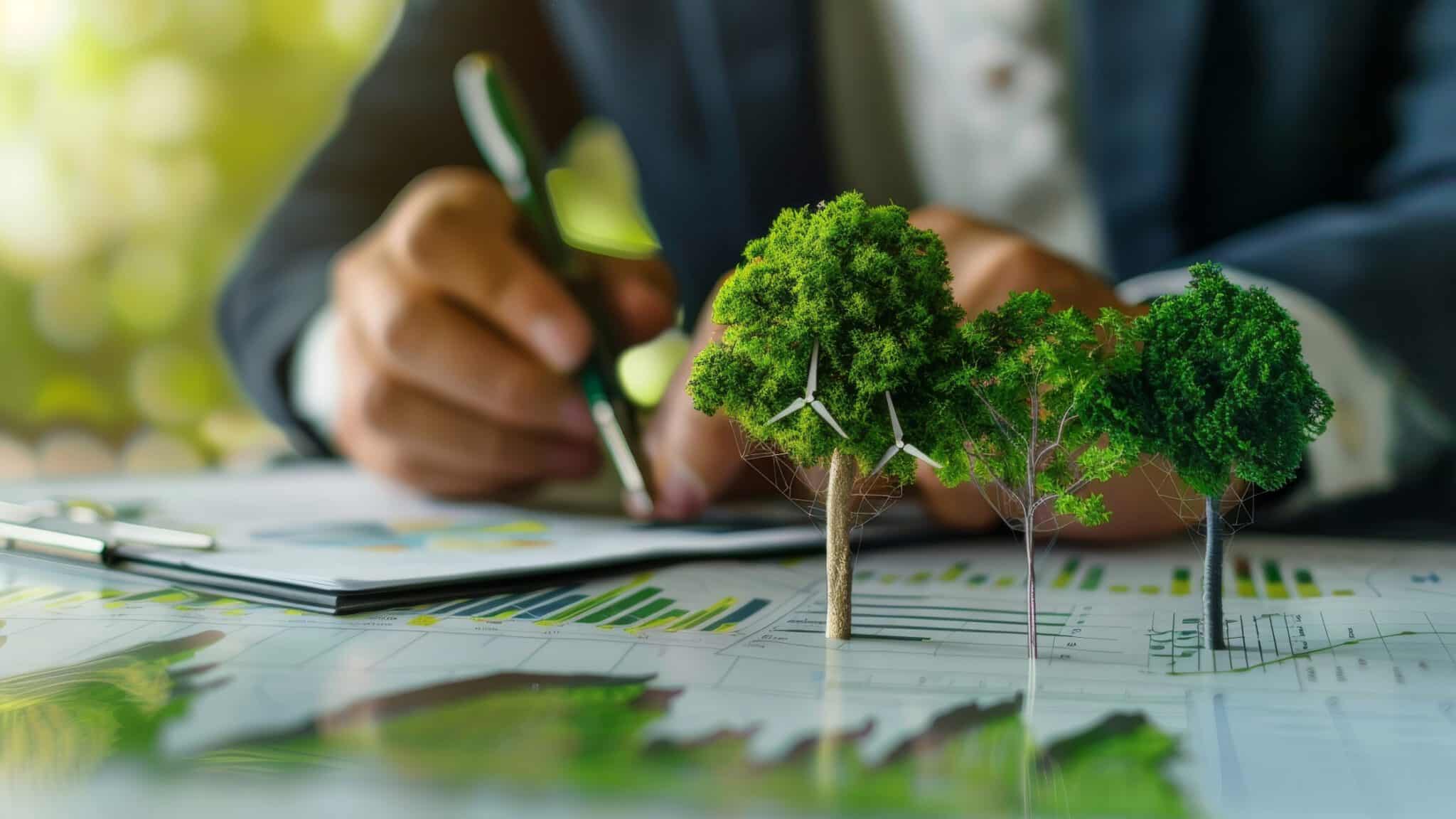 Eine Hand zeichnet über Förderkennzahlen, während Miniaturbäume mit Windrädern auf Diagrammen nachhaltige Energie und ESG-Strategien andeuten.