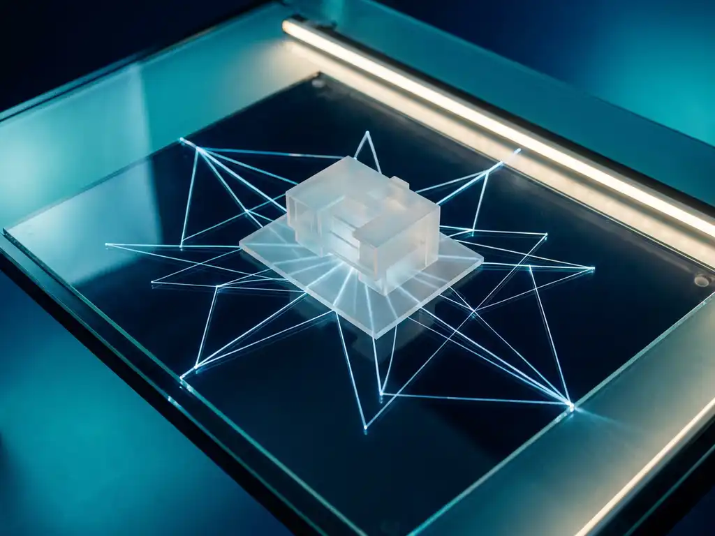 Minimalistisches Architekturmodell auf Glasschreibtisch mit leuchtenden geometrischen Netzlinien in Cyan und Marineblau, Draufsicht.