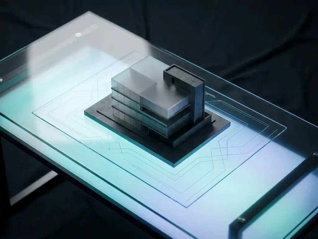 Architekturmodell eines mittelgroßen Gebäudes auf einer Glasfläche mit geometrischen Datenmustern in Cyan und Dunkelgrau, Draufsicht.