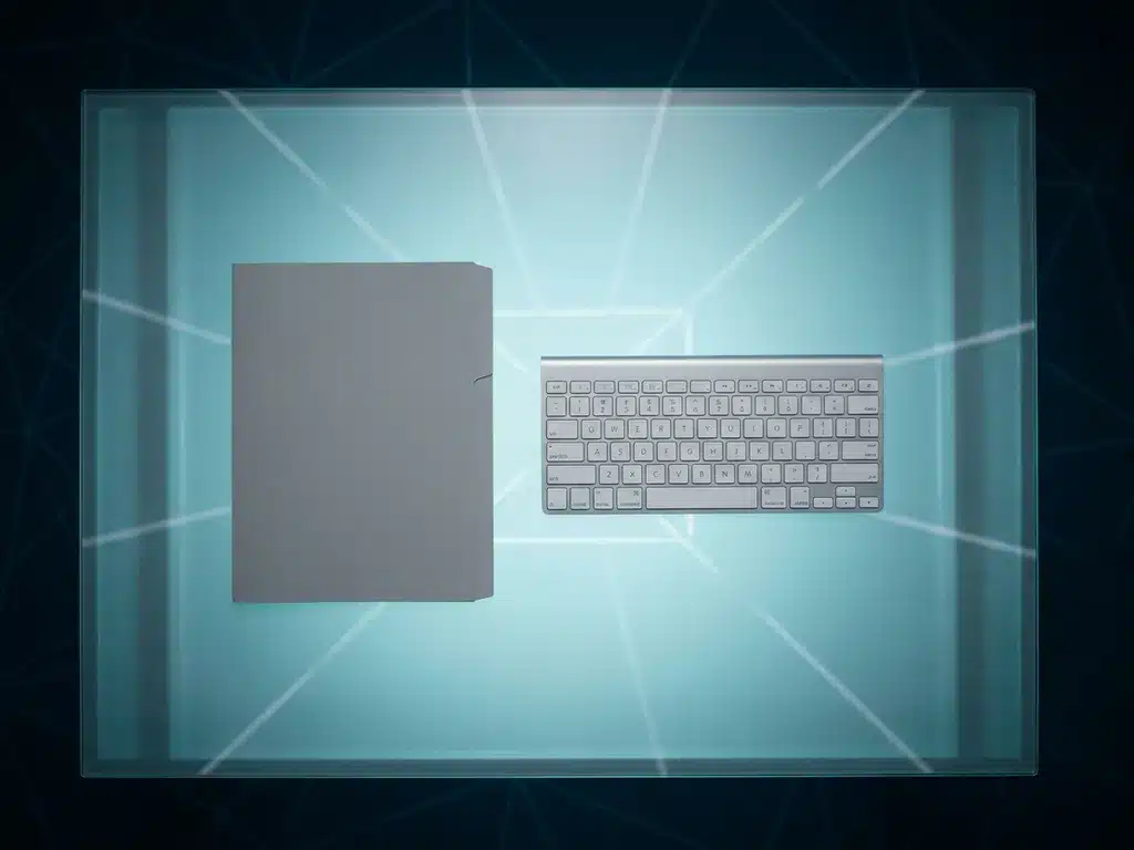 Glasschreibtisch mit minimalistischem Dokumentenordner und kabelloser Tastatur in cyan-blauem Umgebungslicht, geometrische Lichtlinien auf dunkelblauem Hintergrund.