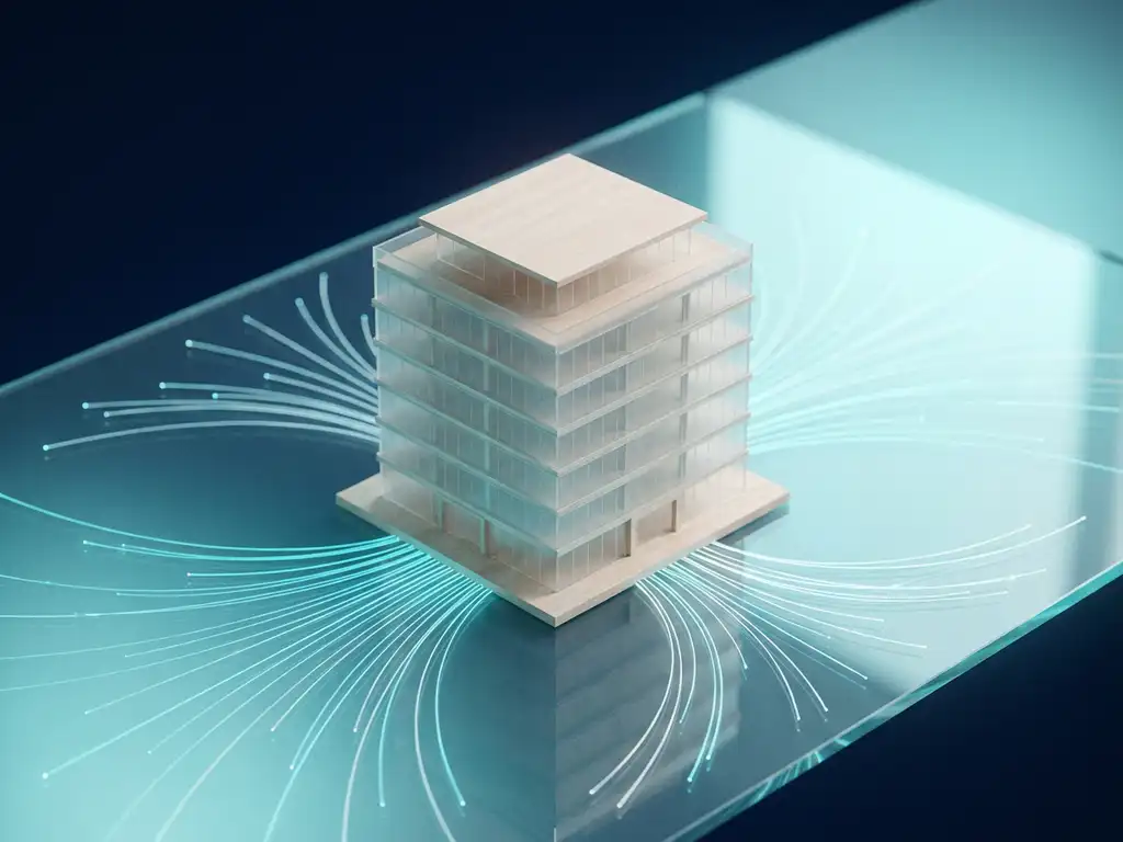 Architekturmodell eines Bürogebäudes auf Glasfläche mit leuchtenden Netzwerklinien vor dunkelblauem Hintergrund.