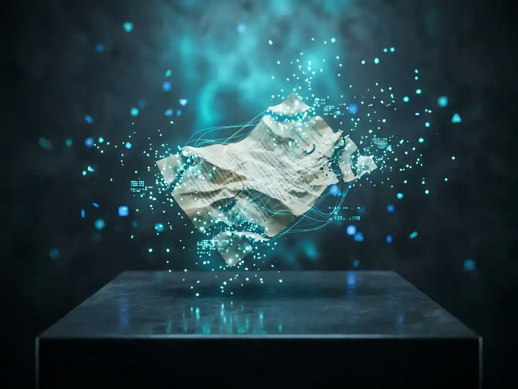 Zerknittertes Dokument löst sich in leuchtend cyan-blaue Datenpunkte auf, verbunden durch abstrakte Lichtfäden auf dunklem Hintergrund.