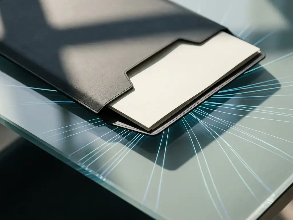 Dokument ragt aus dunklem Ordner auf Glasschreibtisch, cyan Lichtlinien strahlen netzartig über die Oberfläche, Draufsicht.