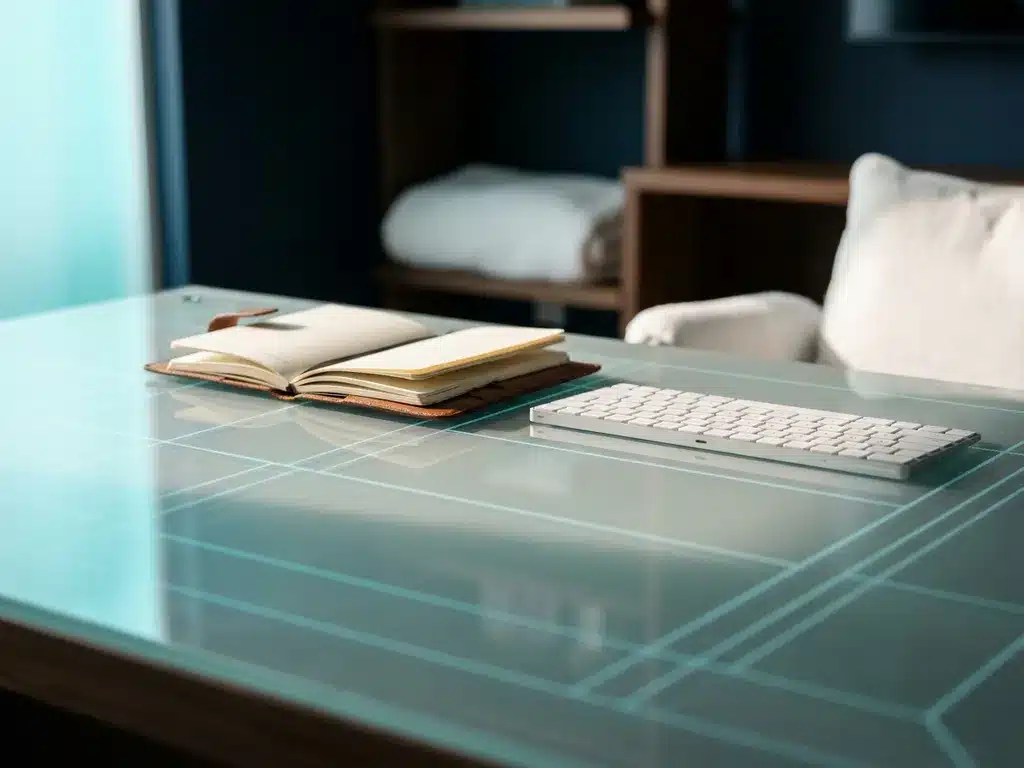 Gläserner Schreibtisch mit aufgeschlagenem Leder-Notizbuch und minimalistischer Tastatur in cyan-blauem Licht.