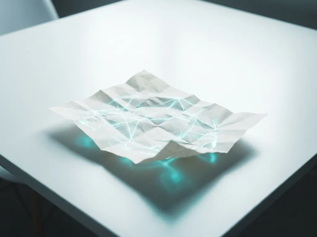 Zerknittertes Dokument entfaltet sich auf weißem Schreibtisch mit leuchtend zyanfarbenen geometrischen Netzwerklinien auf der Papieroberfläche.