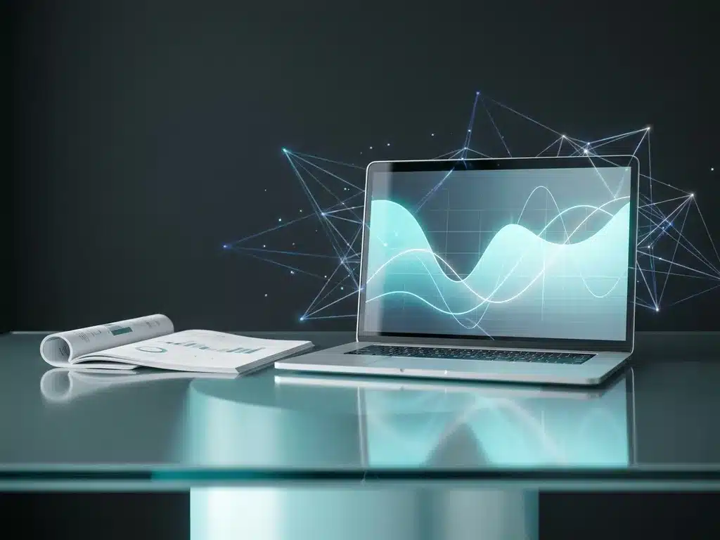 Minimalistischer Glasschreibtisch mit Laptop und Finanzbericht, abstrakte Datenkurven im Cyan-Licht auf dunklem Hintergrund.