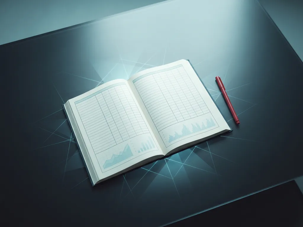 Offenes Finanzbuch auf Glasschreibtisch mit Datengittern, rotem Marker und leuchtenden Netzwerklinien auf dunklem Hintergrund.