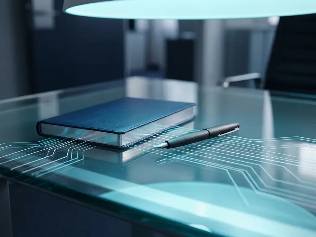 Ledergebundenes Finanzbuch auf Glasschreibtisch mit leuchtenden Datennetzlinien in Cyan und Marineblau.