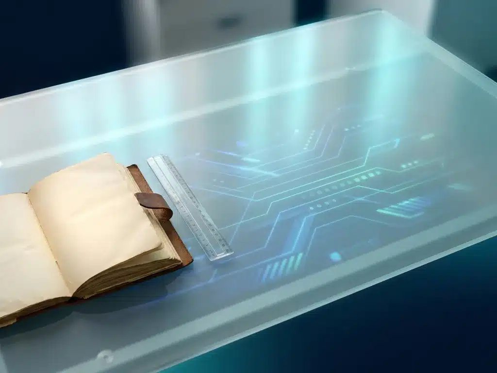 Aufgeschlagenes Ledger-Notizbuch und transparentes Lineal auf Glasschreibtisch mit cyan-blauem Licht und abstrakten Netzwerklinien.