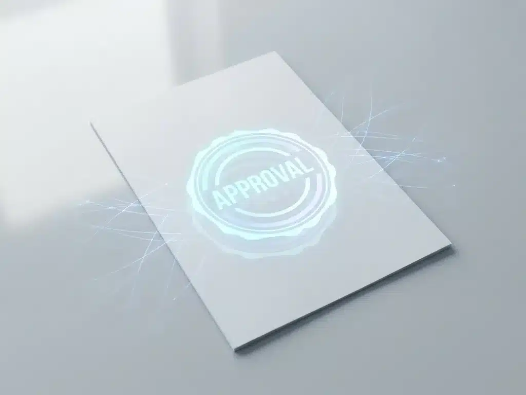 Weißes Dokument mit leuchtendem Genehmigungsstempel und zyanfarbenen Netzwerklinien auf minimalistischem Schreibtisch, Draufsicht.