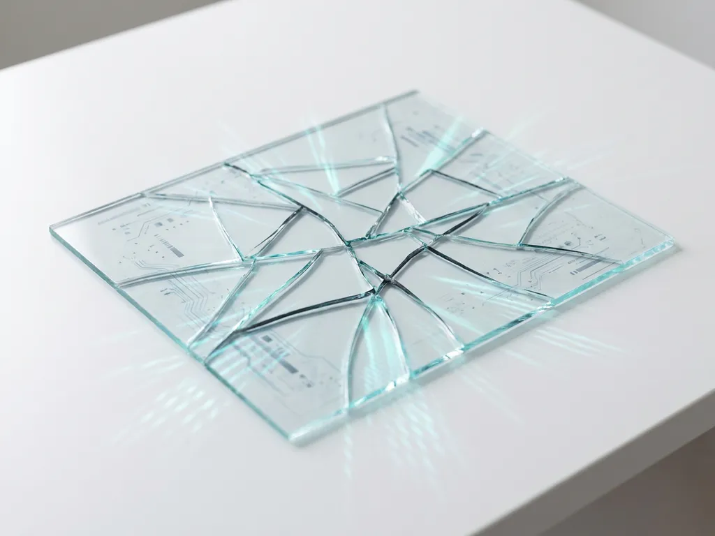 Gebrochene Glasfläche mit geometrischen Splittern, durch die cyan-türkisfarbenes Licht bricht und Reflexionen auf mattem weißen Untergrund erzeugt.