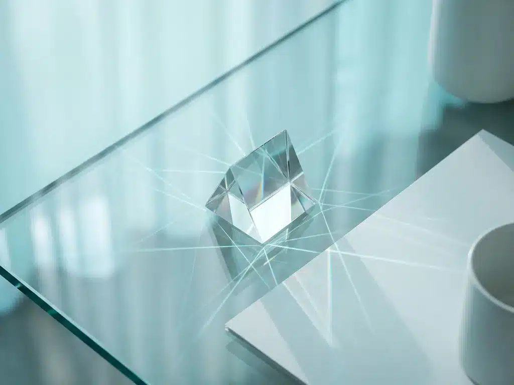 Transparentes geometrisches Prisma auf Glasoberfläche mit Lichtbrechungen und leuchtenden Netzwerklinien in Türkis und Eisweiß.
