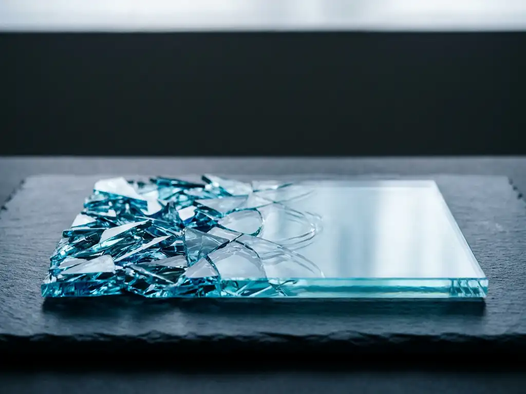 Glasoberfläche mit splitternden Scherben auf einer Seite und nahtlos verschmelzendem klaren Glas auf der anderen, auf Schieferuntergrund.