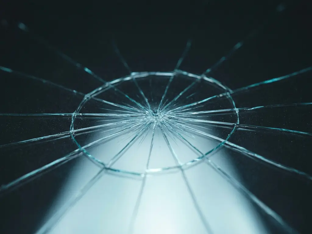 Gerissene Glasoberfläche mit geometrischen Haarrissen, die sich von einem Mittelpunkt ausbreiten, in Cyan- und Blautönen auf dunklem Hintergrund.