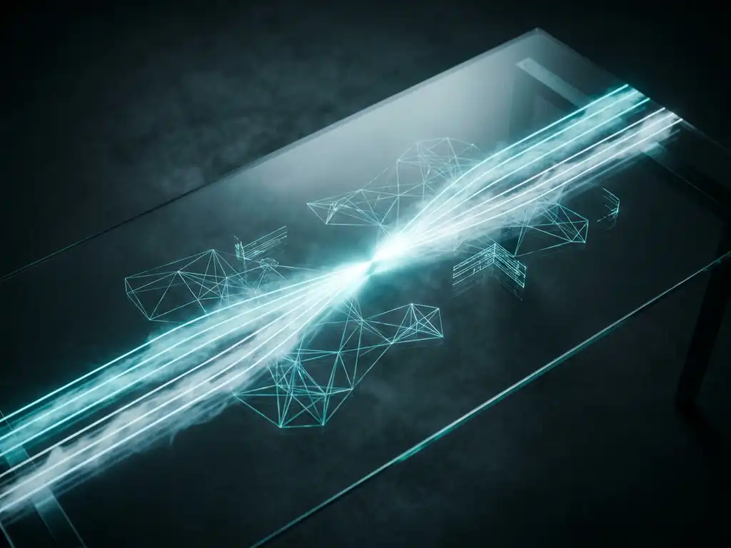 Glasschreibtisch mit zwei konvergierenden Lichtlinien in Cyan, geometrische Datenstrukturen in Türkis und Eisblau auf dunkelgrauem Hintergrund.