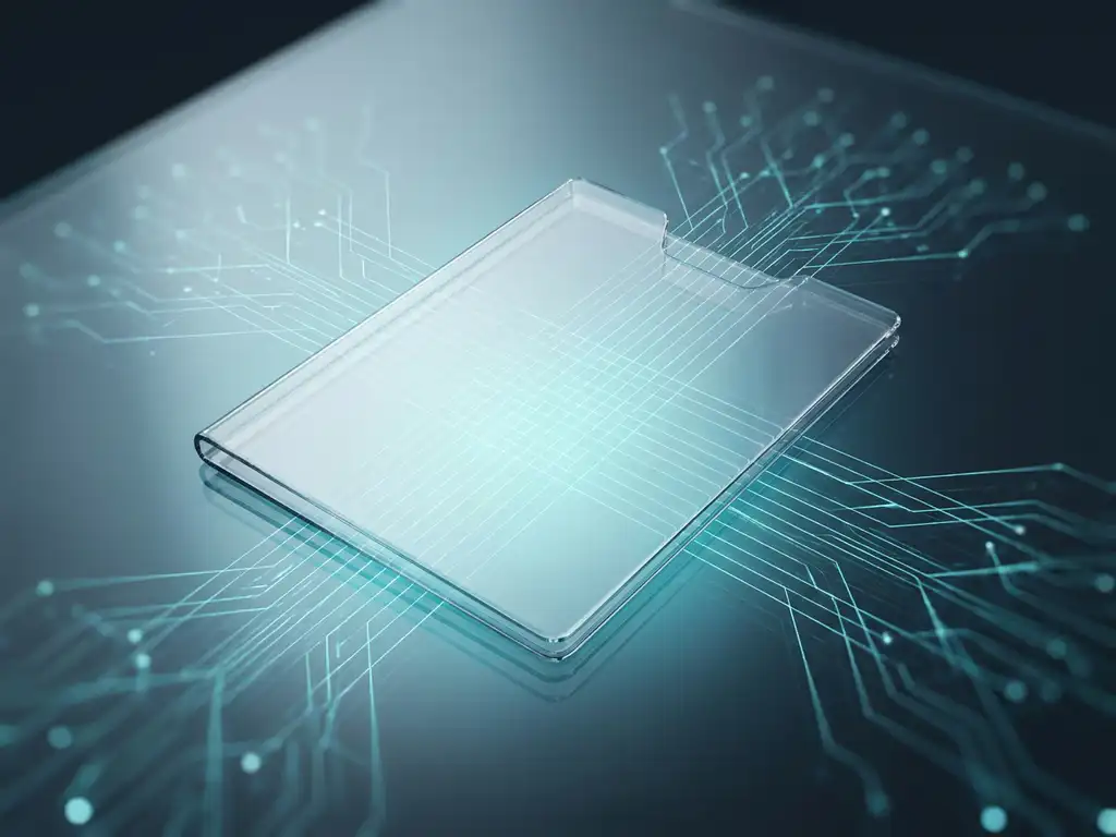 Transparente Dokumentenmappe auf Glasschreibtisch mit cyan-blauem Lichtreflex und geometrischem Datennetzwerk-Muster, Draufsicht.