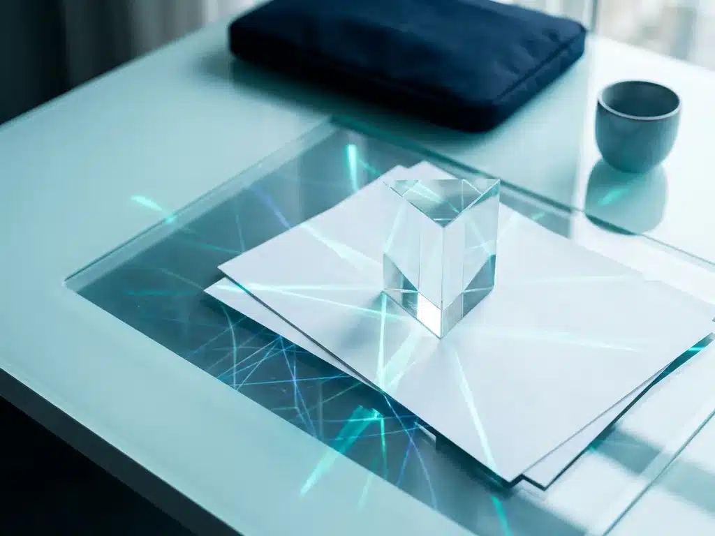 Glasschreibtisch mit transparentem Prisma, das strukturierte Lichtstrahlen auf weiße Dokumente wirft, in Cyan- und Marineblautönen.