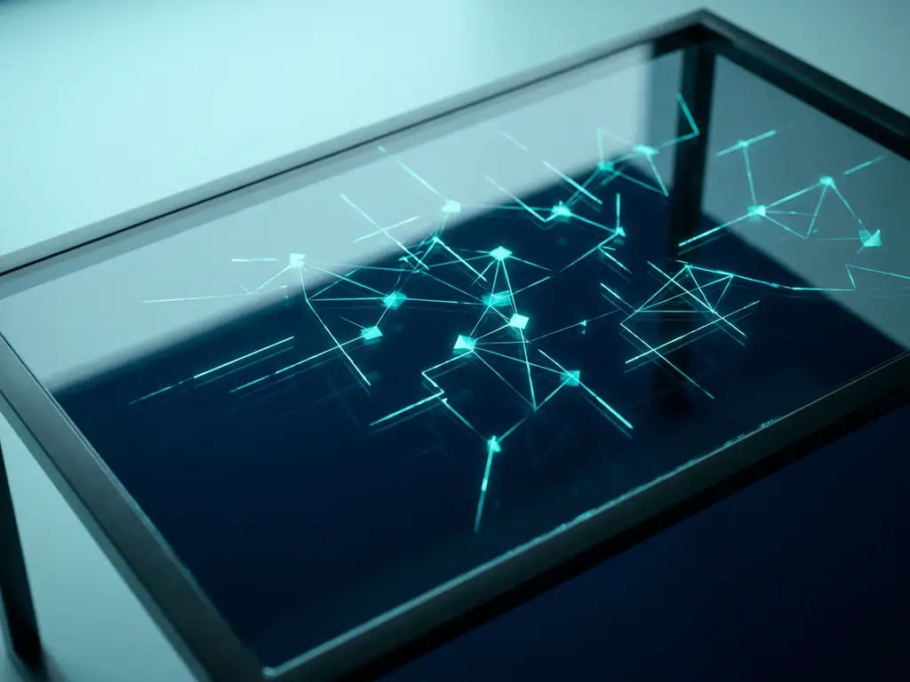 Abstrakte Netzwerkstruktur aus leuchtenden Cyan-Linien und geometrischen Datenpunkten auf einer Glasoberfläche in Marineblau.