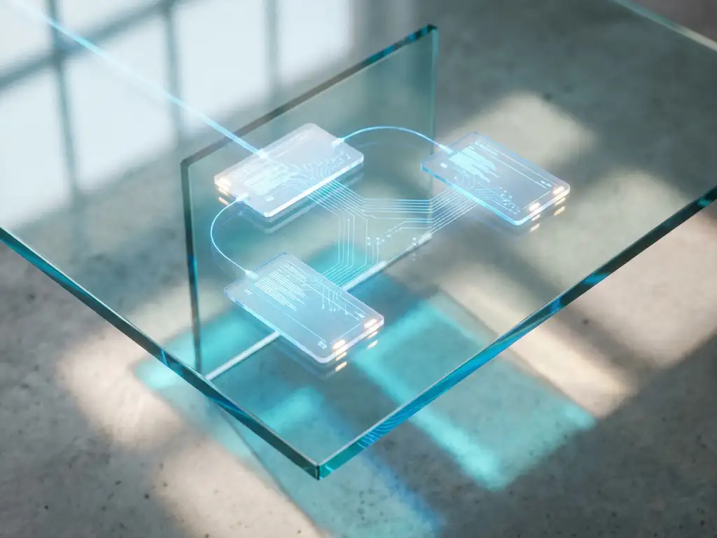 Transparente Datenkarten auf Glasschreibtisch mit cyan Lichtreflexionen und vernetzten geometrischen Linien, Draufsicht.