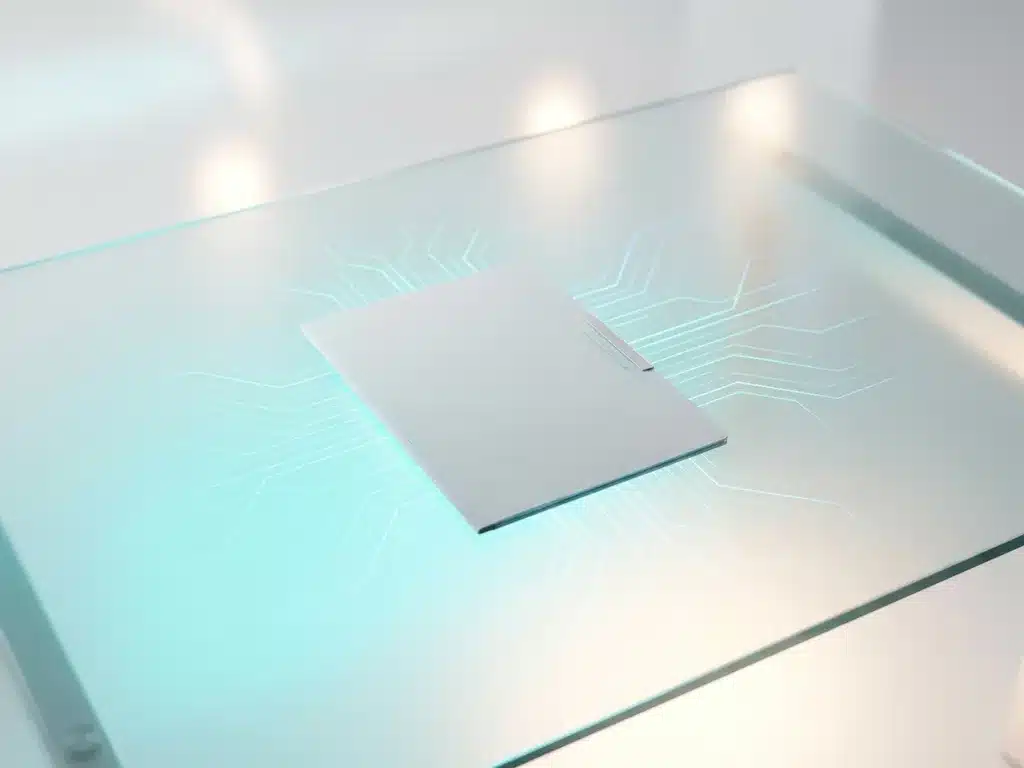 Minimalistischer Dokumentenordner auf Glasschreibtisch mit cyan-türkisem Licht und geometrischen Netzwerklinien, Draufsicht.