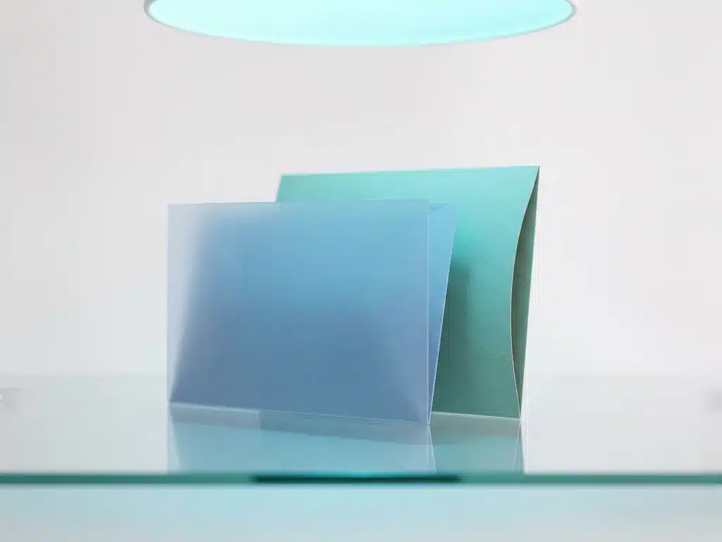 Zwei minimalistische Dokumentenmappen auf einer Glasoberfläche mit türkisfarbenem Lichtreflex im Studio-Setting.