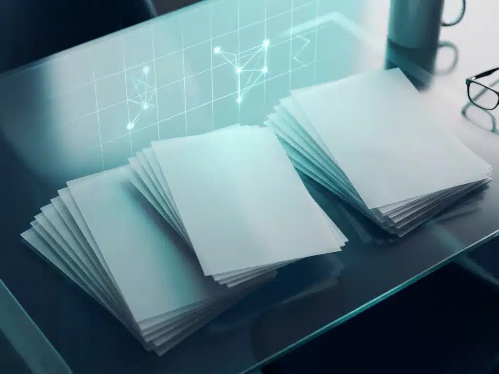 Transparente Dokumente auf Glasschreibtisch mit cyan-blauem Licht, geometrischen Gitterlinien und schwebenden Knotenpunkten in Aufsicht.