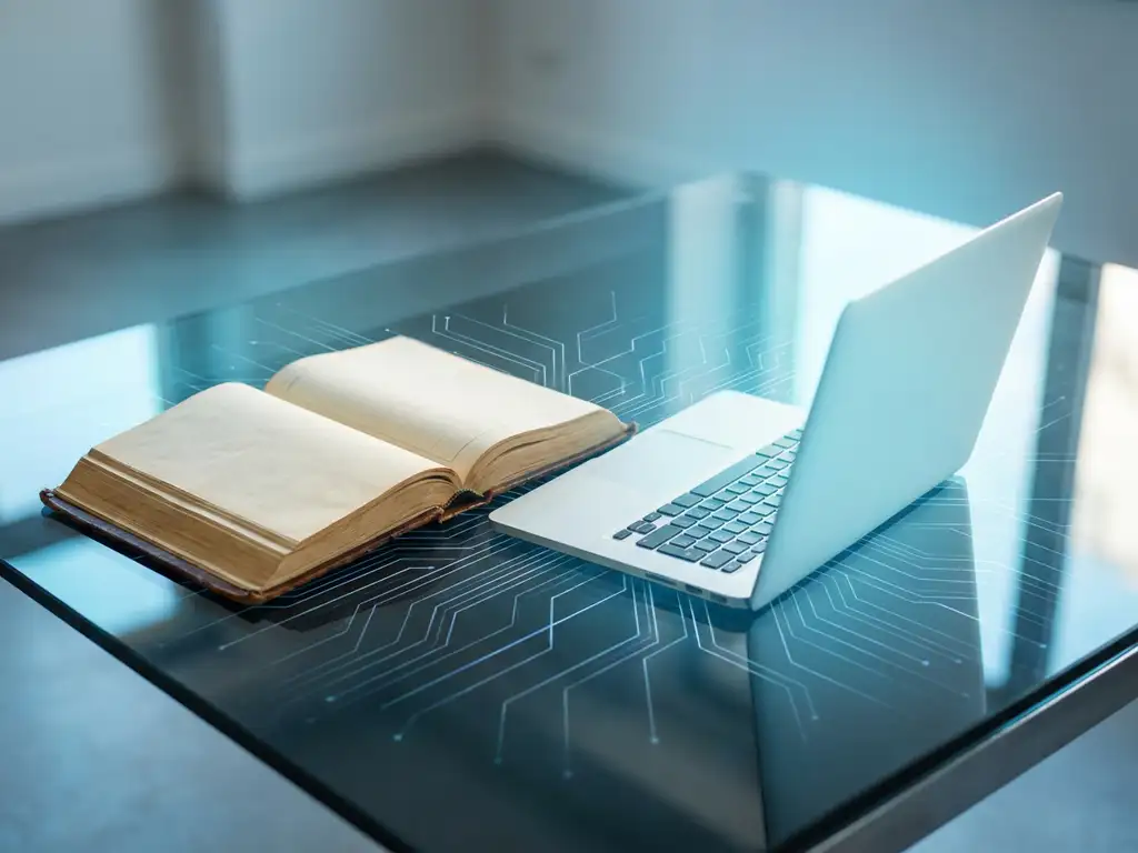 Ledger und Laptop auf Glasschreibtisch mit leuchtenden Cyan-Netzwerklinien in Vogelperspektive.