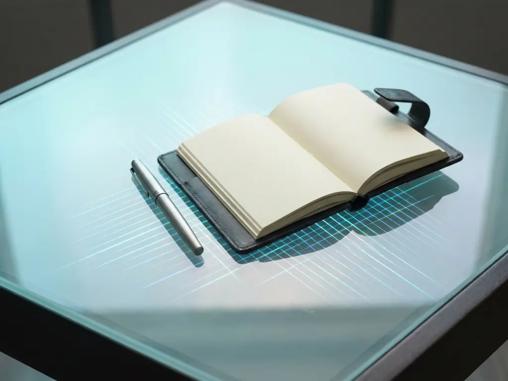 Aufgeschlagenes Ledger-Notizbuch und Silberstift auf Glasschreibtisch mit leuchtendem digitalem Netzwerkmuster in Cyan-Tönen.