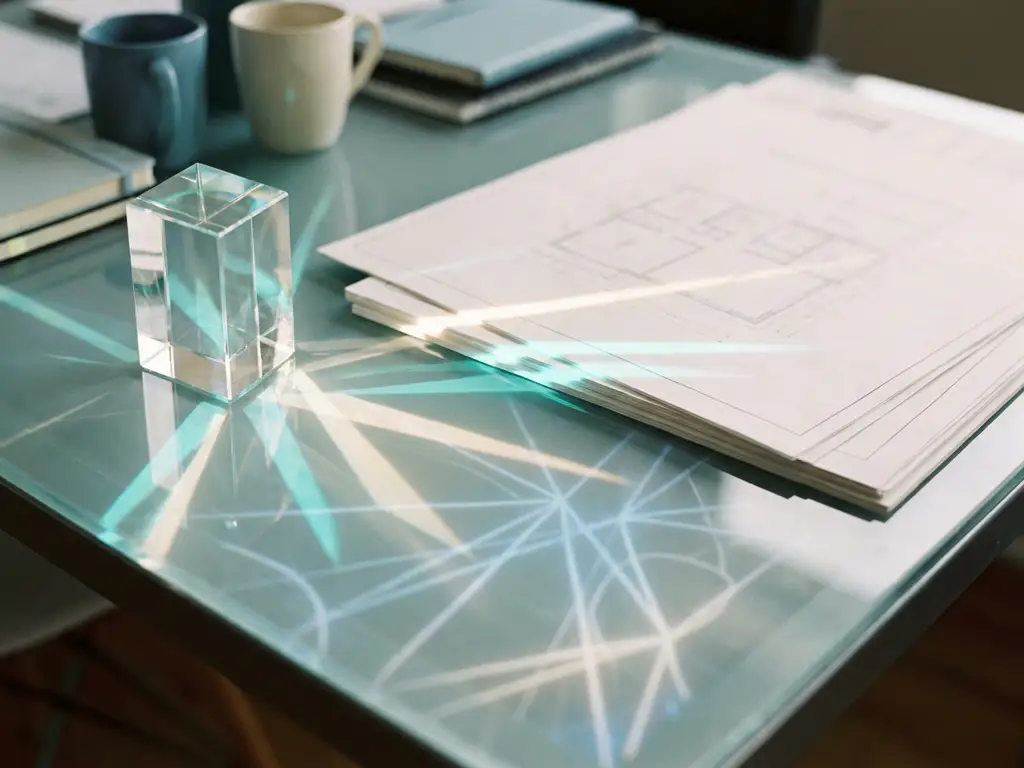 Glasschreibtisch mit transparentem Prisma, das strukturierte Lichtbündel auf weiße Dokumente wirft, in kühlen Cyan- und Blautönen.