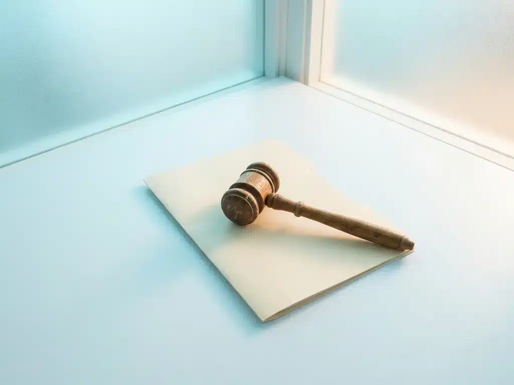 Verwitterter Holzhammer auf hellem Schreibtisch neben geschlossener Manila-Akte, kühles Zyanblau-Licht, minimalistisches Flat-Lay.
