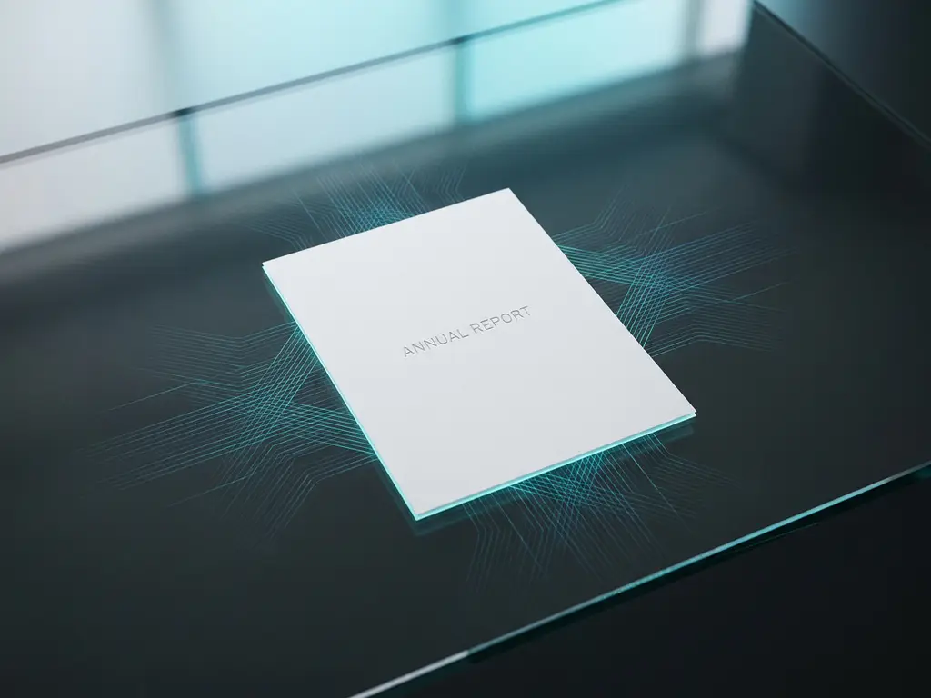 Minimalistischer Jahresbericht auf Glasschreibtisch mit leuchtenden Netzwerklinien in Türkis auf dunklem Hintergrund.