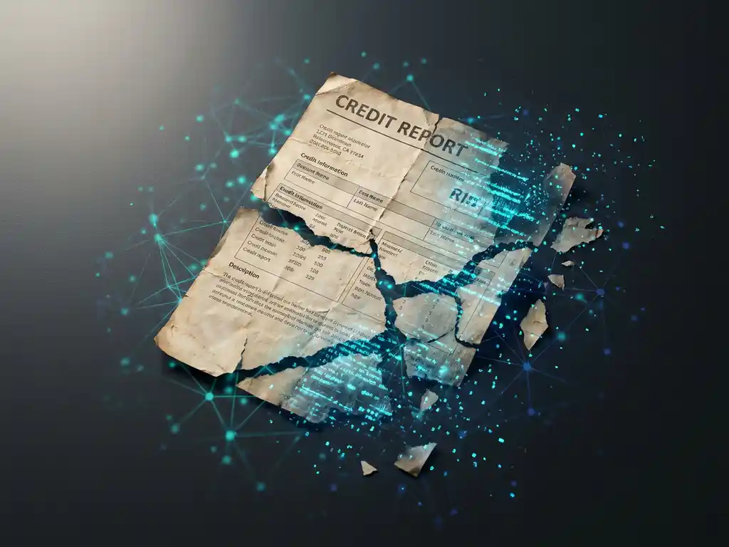 Verwittertes Kreditbericht-Dokument zerfällt in leuchtende Cyan-Datenlinien auf dunklem Hintergrund, abstrakte Netzwerkknoten in Türkis und Marineblau.