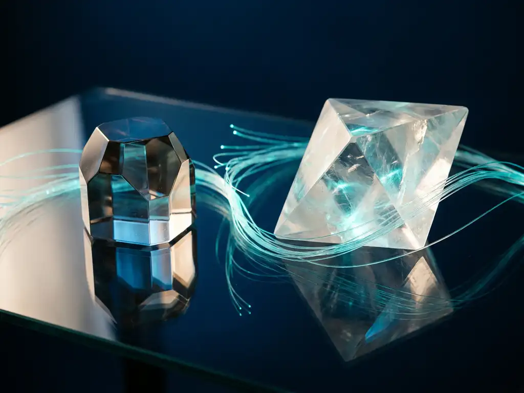 Zwei geometrische Kristallformen auf Glasoberfläche, verbunden durch leuchtende Cyan-Lichtfäden, marineblaues Hintergrund, Draufsicht.