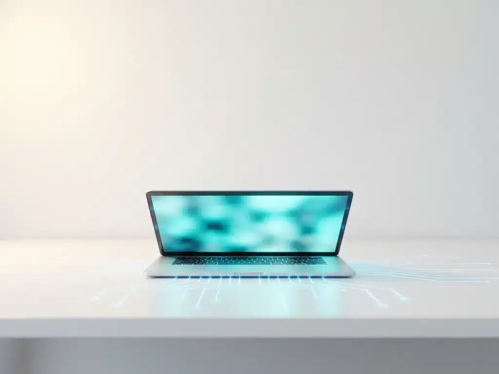 Aufgeklappter Laptop auf weißem Schreibtisch mit cyan-blauem Bildschirmlicht und leuchtenden geometrischen Netzwerklinien.