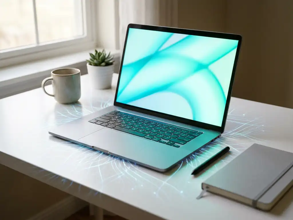 Aufgeklappter Laptop auf weißem Schreibtisch mit cyan-blauem Bildschirmlicht, daneben schmales Notizbuch und Eingabestift.