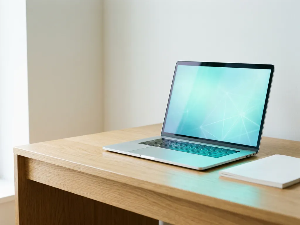 Aufgeklappter Laptop auf hellem Eichenholzschreibtisch mit cyan-türkisem Bildschirmschein und geometrischen Netzwerklinien, weißes Notizbuch daneben.