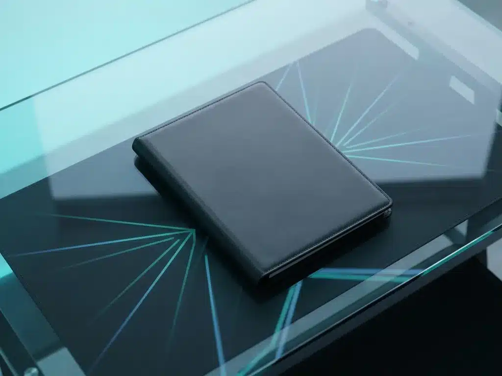 Geschlossene Ledermappe auf Glasschreibtisch mit cyan-türkisem Lichtreflexen und geometrischen Linien, Draufsicht.