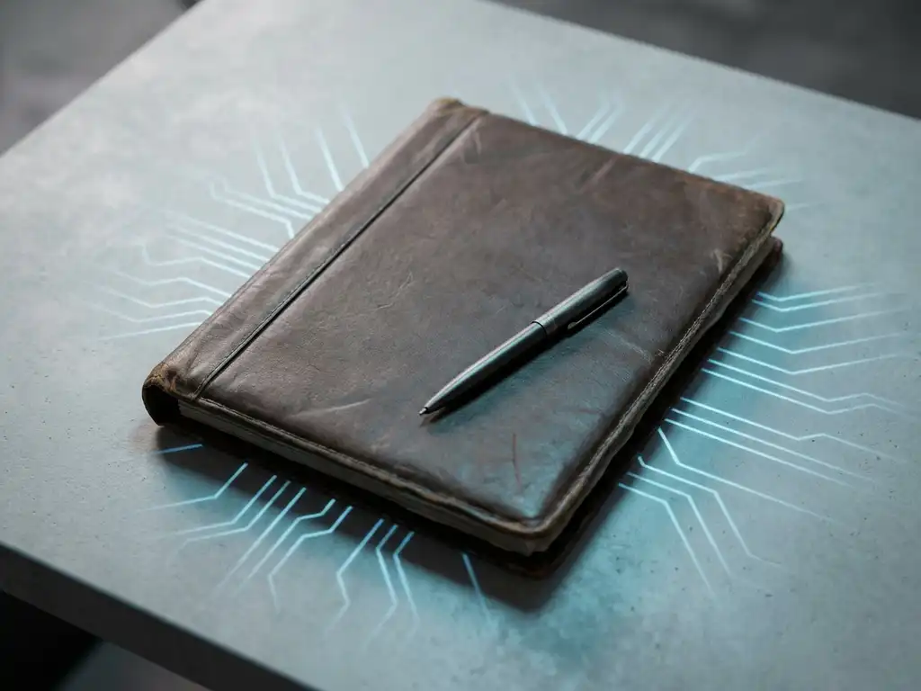 Abgenutzter Lederordner mit elegantem Stift auf hellem Schreibtisch, überlagert von abstrakten Cyan-Netzwerklinien in editorialem Flat-Lay-Stil.