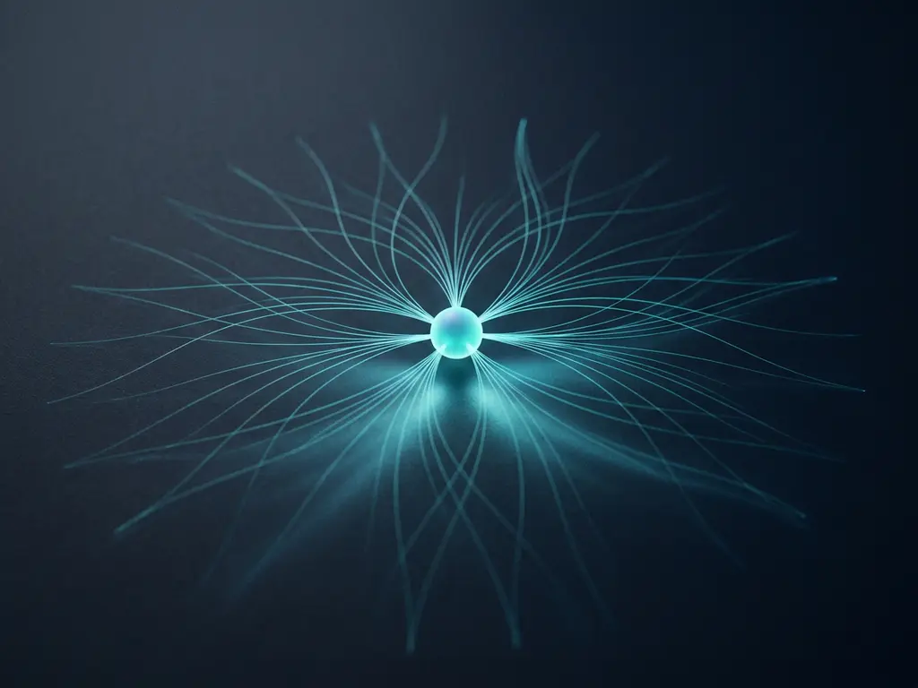Leuchtender Datenknoten mit cyan-türkisen Lichtlinien auf dunklem Hintergrund, abstraktes radiales Netzwerk-Muster.