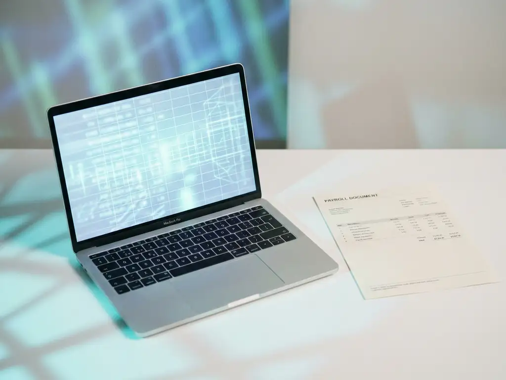 Laptop auf weißem Schreibtisch mit leuchtendem Cyan-Datenmuster auf dem Bildschirm neben einem Gehaltsabrechnungsdokument.