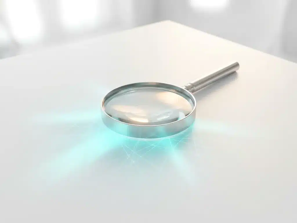 Lupe auf weißem Tisch mit cyan-blauem Lichtreflex und leuchtenden Netzwerklinien, Draufsicht.