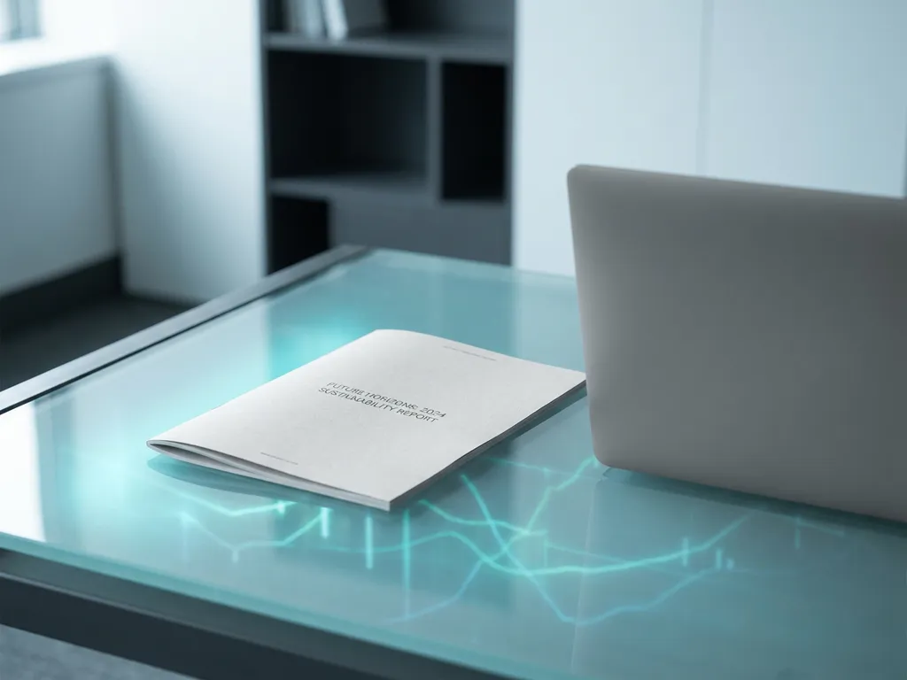Geöffneter Nachhaltigkeitsbericht auf einem Glasschreibtisch mit Laptop, cyan Lichtreflexionen und datenvisuellen Mustern im professionellen Büro.