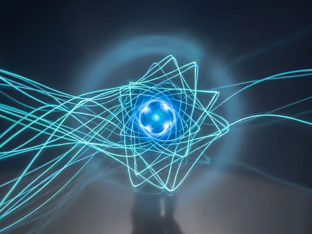 Leuchtendes Netzwerk aus cyan-türkisen Lichtfäden, die zu einem zentralen Knotenpunkt konvergieren, auf dunklem Hintergrund.