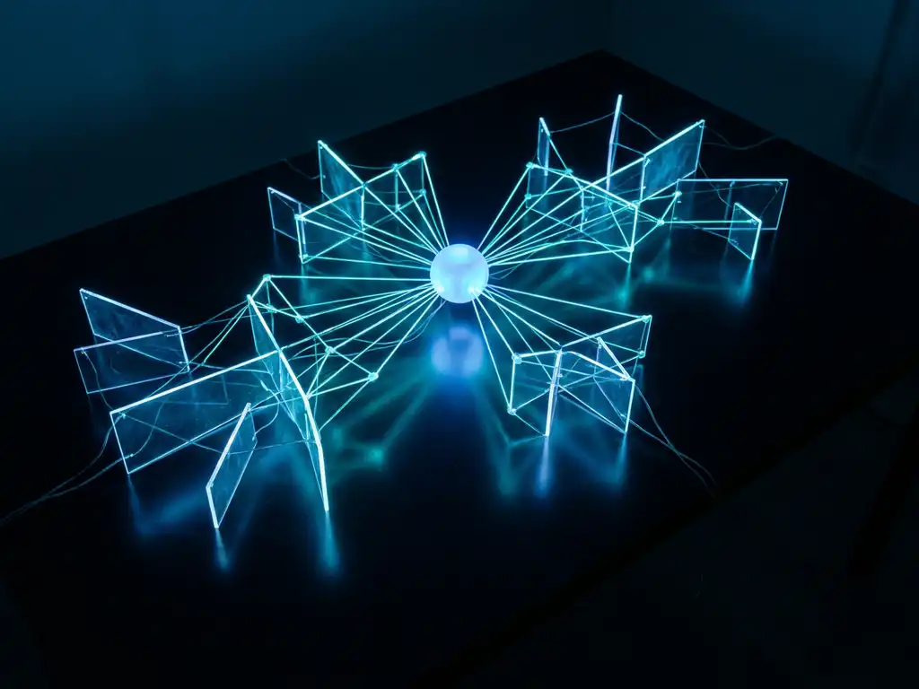 Leuchtendes Netzwerk aus cyan-türkisen Lichtlinien, die in einem zentralen Knotenpunkt konvergieren, symbolisiert Unternehmensstruktur und Datenverflechtung.