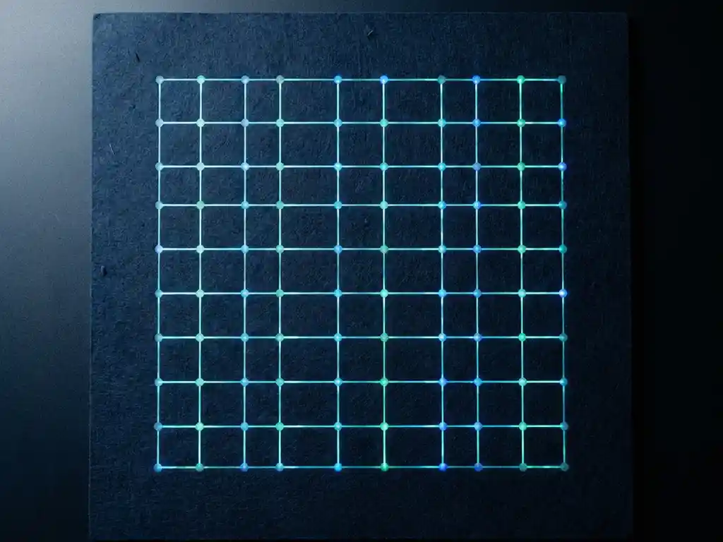 Leuchtendes geometrisches Netzwerk aus cyan-türkisen Knotenpunkten auf tiefblauem Hintergrund, symbolisiert strukturierte digitale Systeme.